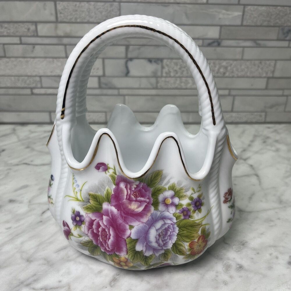Victorian Rose Collection porcelain basket, Planter Formalities by Baum Bros